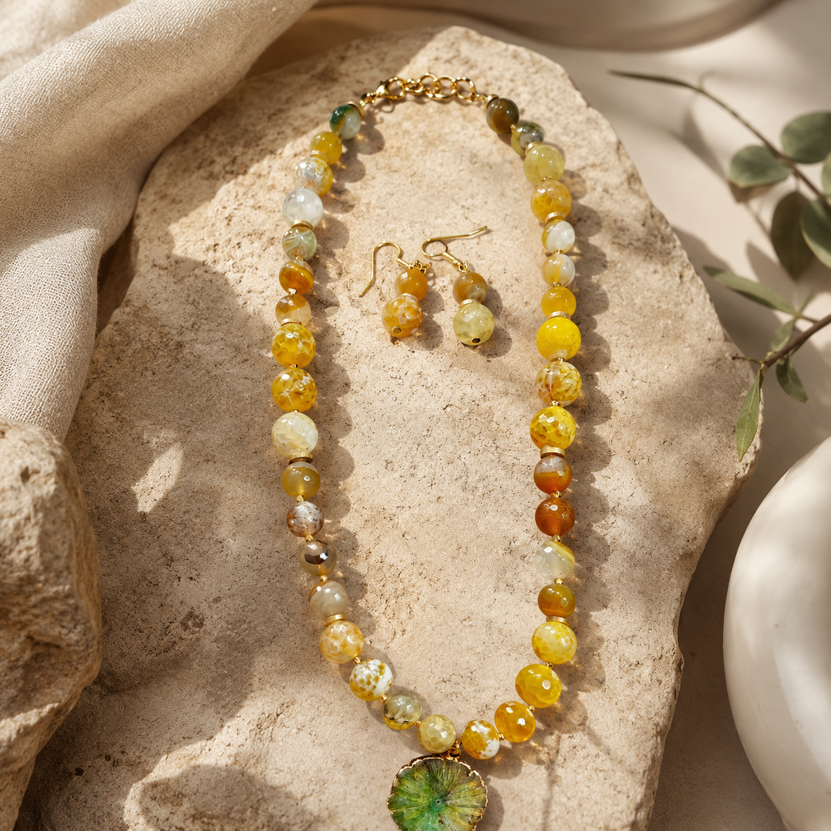 Additional styling view of Citrine Solar Bloom Necklace Set by Pathrohi