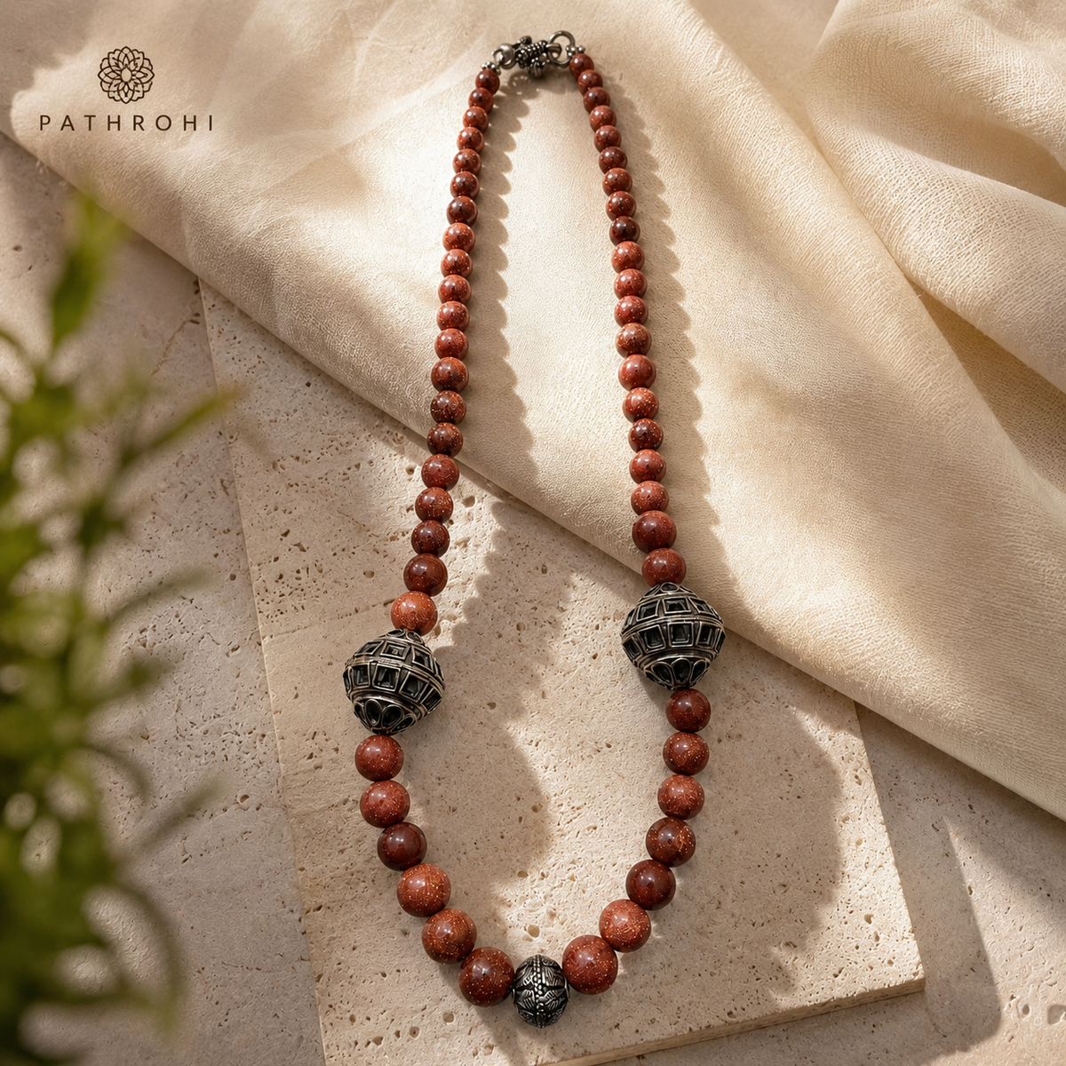Full view of Brown Oxidised Goldstone Necklace showing necklace proportions