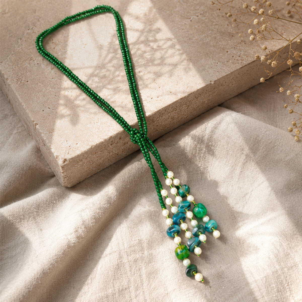 Detailed view of Green Agate Cascade Tassel Necklace showing stone and bead arrangement