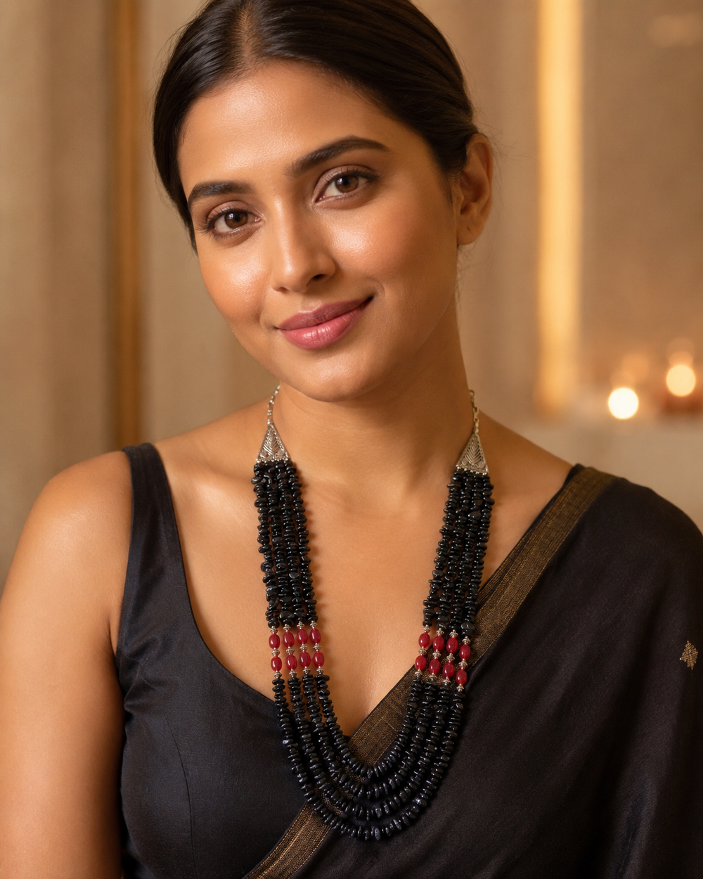 Close-up view of Black & Red Agate Three-Layer Necklace showing handcrafted details