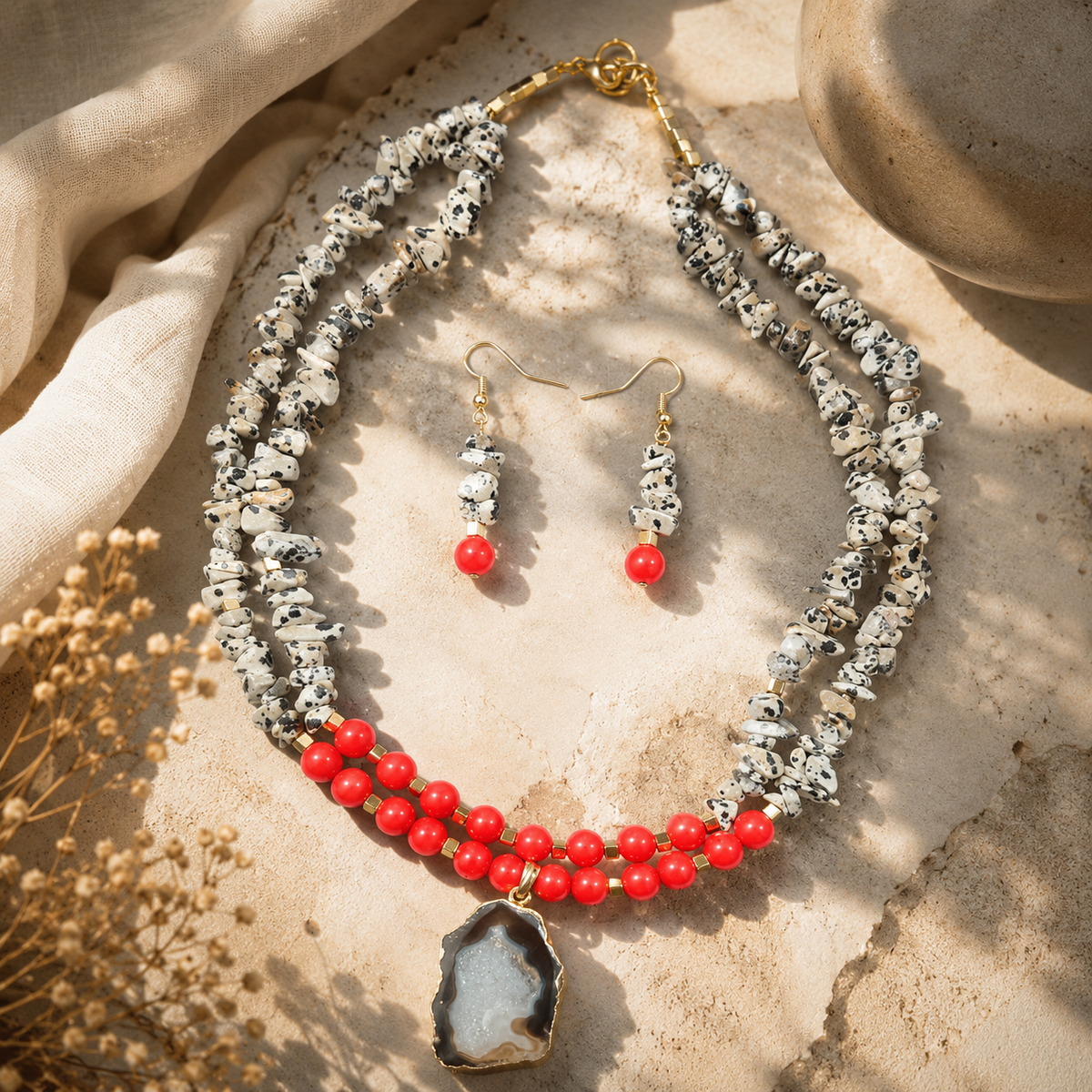 Additional styling view of Scarlet Speckled Agate Slice Necklace Set by Pathrohi