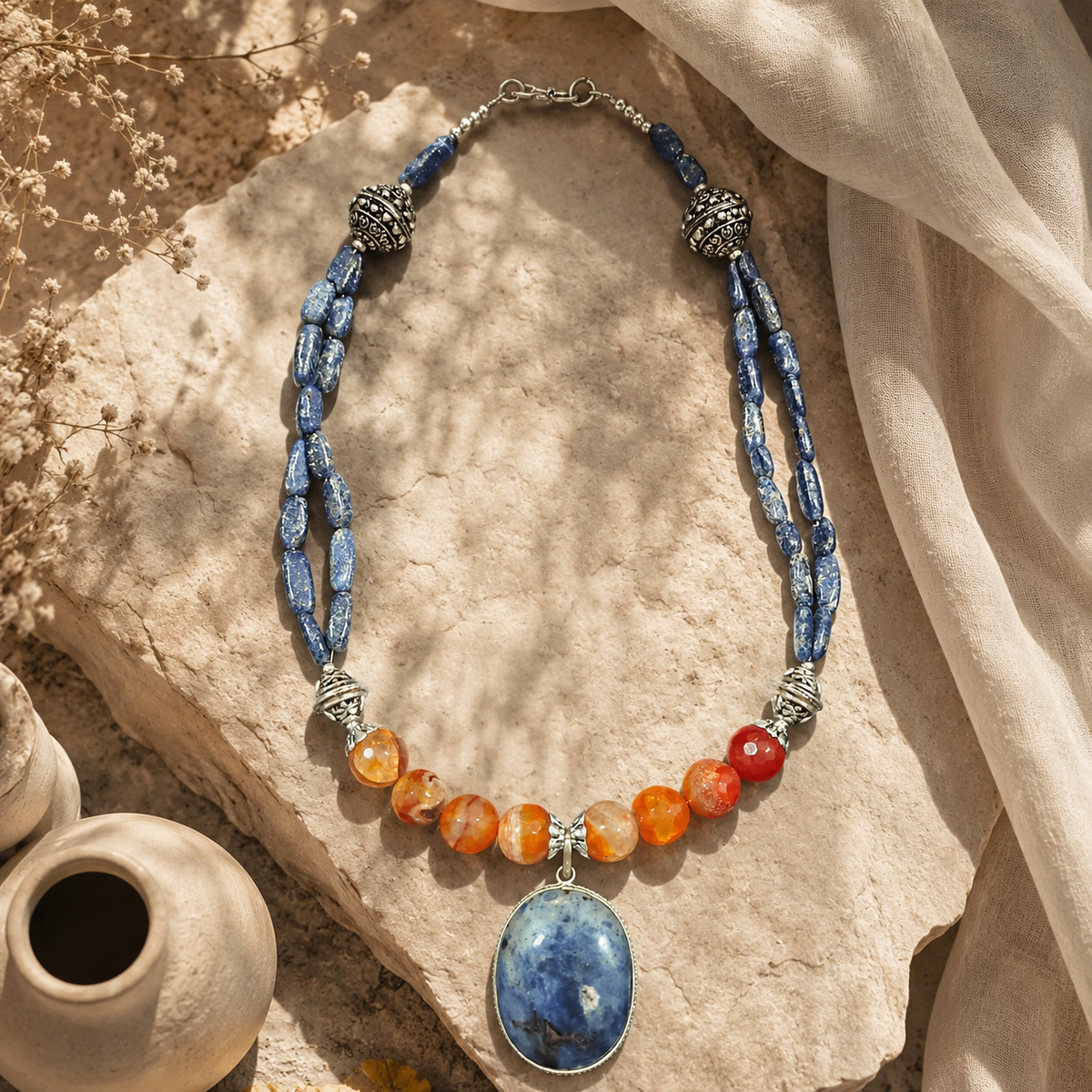 Additional styling view of Blue & Orange Agate Oval Pendant Necklace by Pathrohi