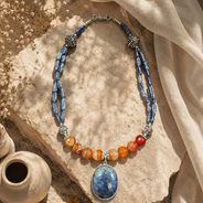 Additional styling view of Blue & Orange Agate Oval Pendant Necklace by Pathrohi