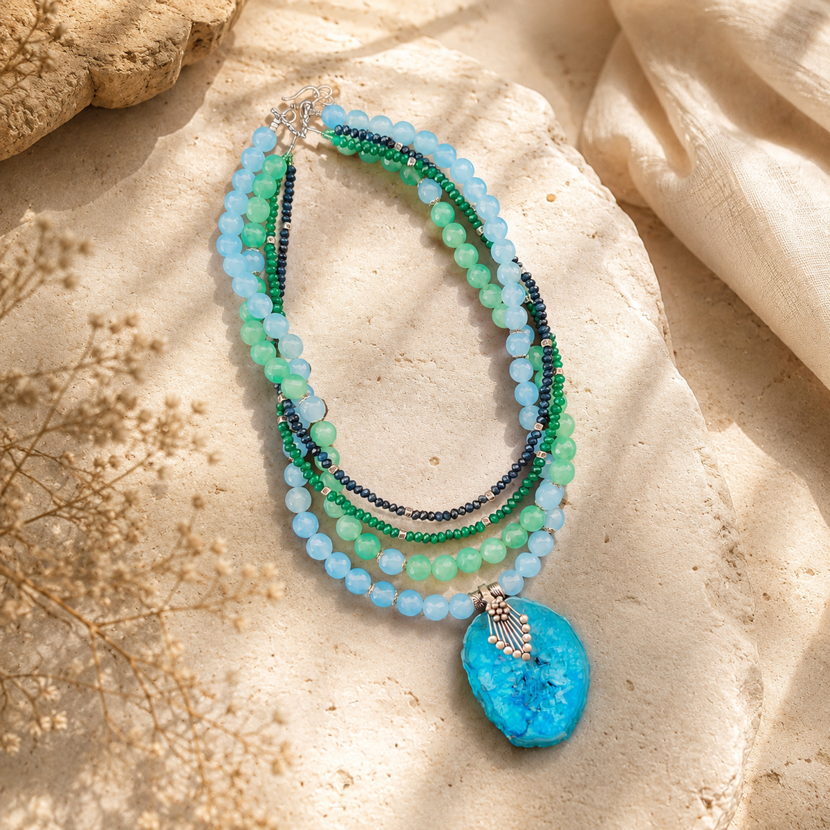 Front view of Blue Agate Five-Layer Pendant Necklace handcrafted by Pathrohi