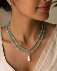 Additional styling view of Aqua Agate & Semi-Cultured Pearl Double-Strand Drop Necklace by Pathrohi