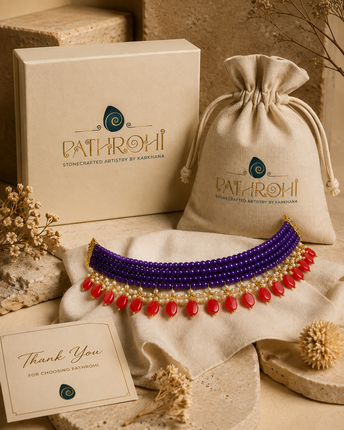 Amethyst Violet & Coral Oval-Drop Agate Choker – view 3 | Pathrohi