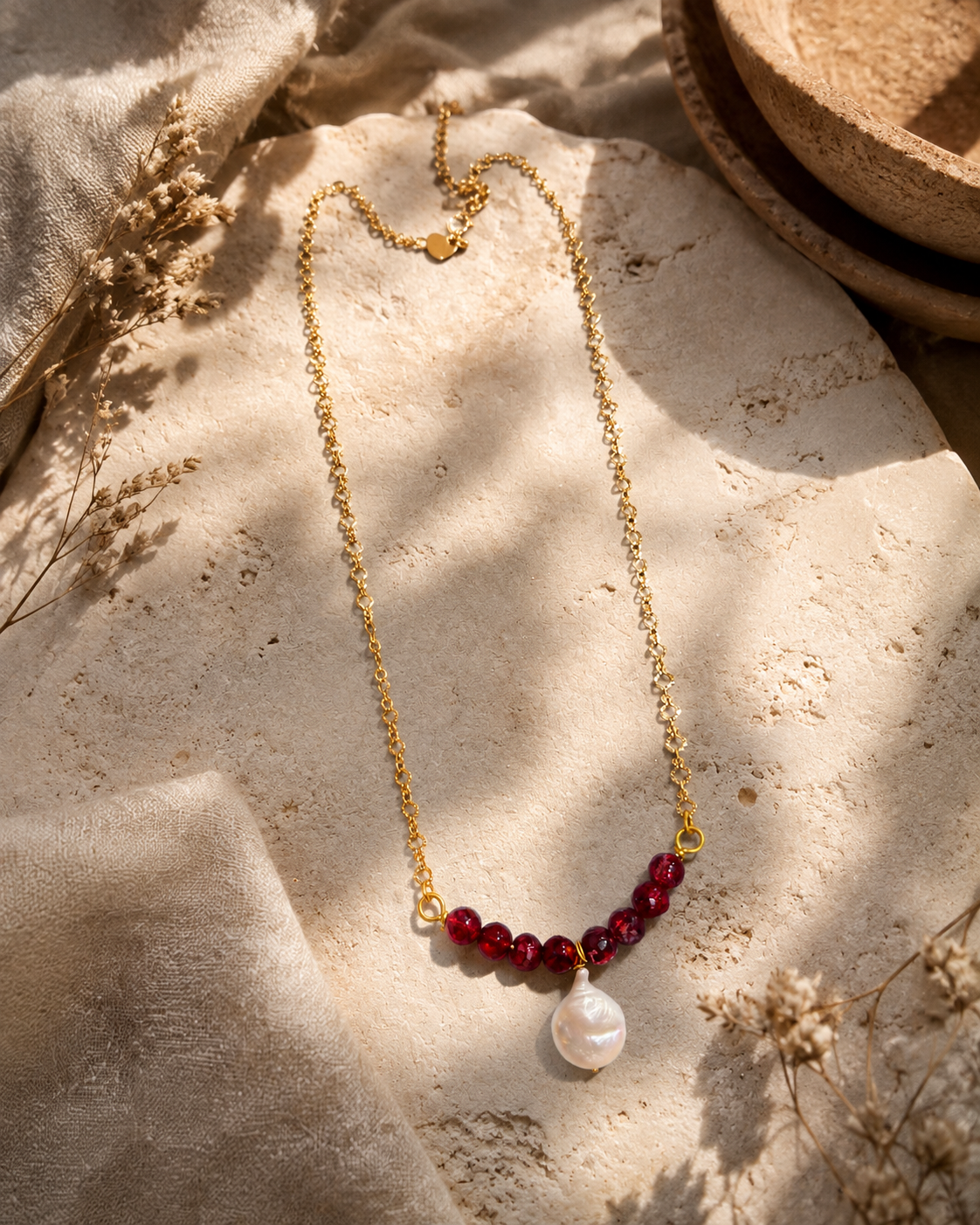 Garnet Tide Freshwater Coin Pearl Necklace – view 9 | Pathrohi