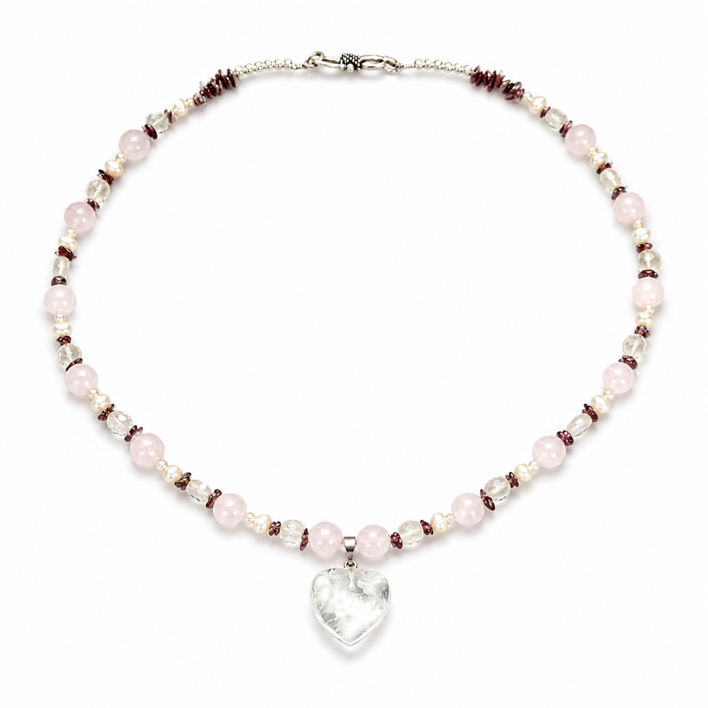 Close-up view of Blush Agate Heart Pendant Necklace showing handcrafted details
