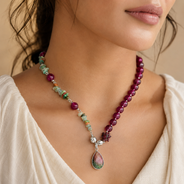Full view of Fuchsia Garden Agate Pendant Necklace showing necklace proportions