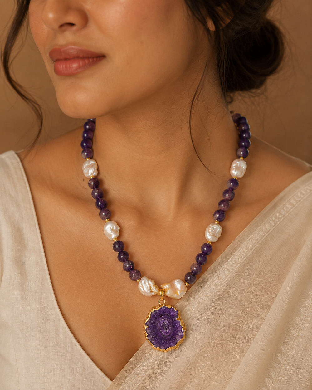 Violet Pearl Amethyst Geode Pendant Necklace – view 2 | Pathrohi